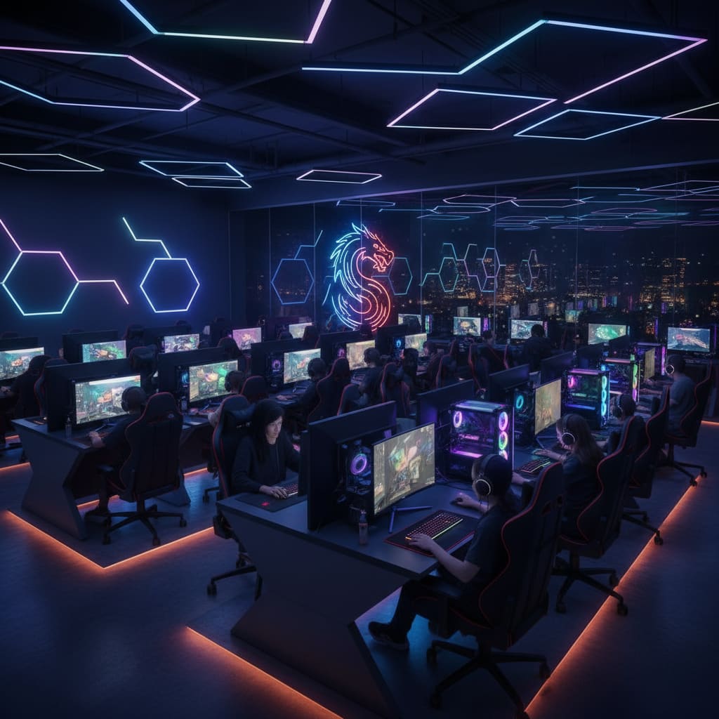 Innenraum des AsteNat PC Gaming Club mit beleuchteten Gaming-PCs