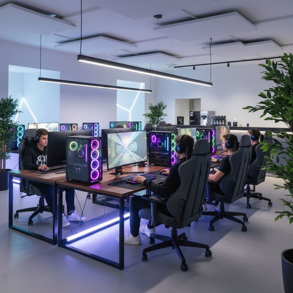 Reihe moderner Gaming-PCs mit RGB-Beleuchtung