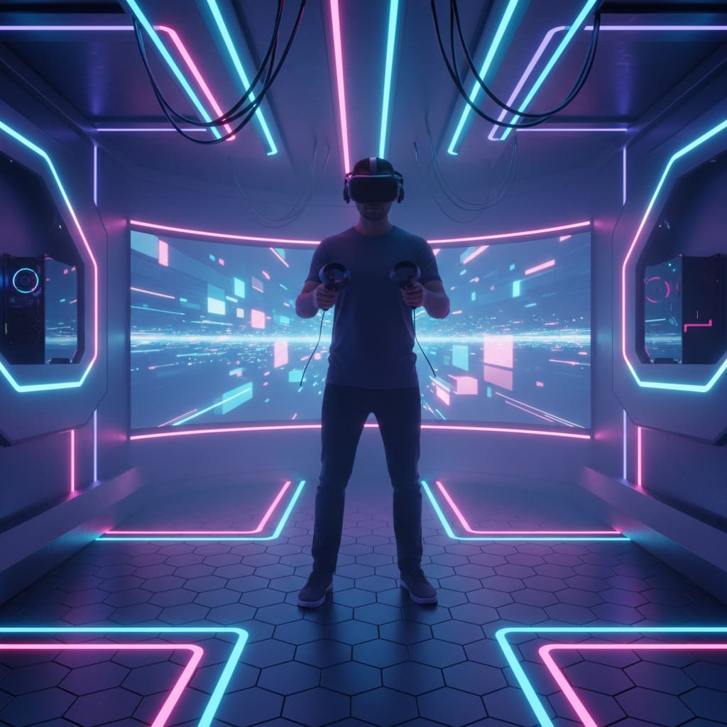 Spieler mit VR-Headset in neonbeleuchteter Gaming-Zone